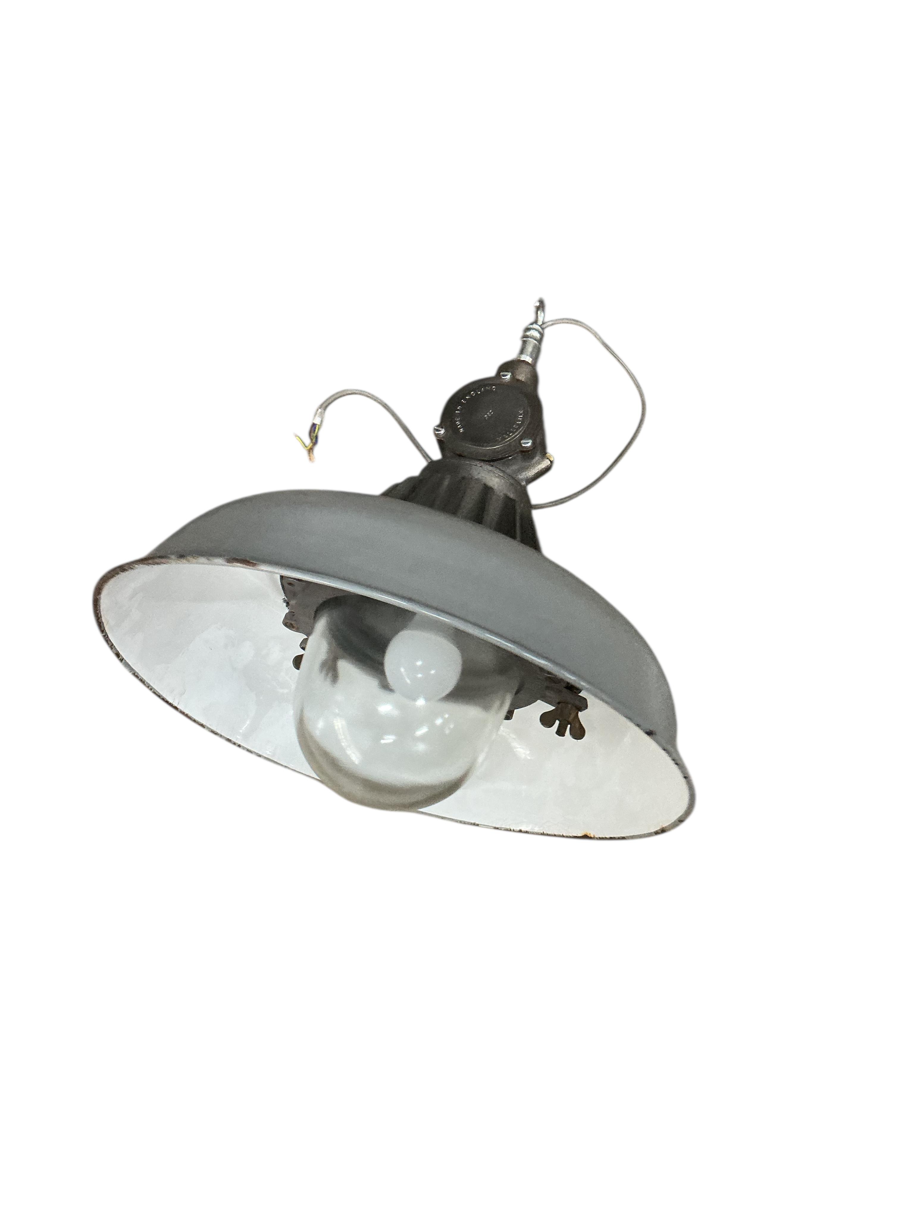 A pair of vintage GEC grey enamel pendant ceiling lights, diameter 44cm, height 48cm